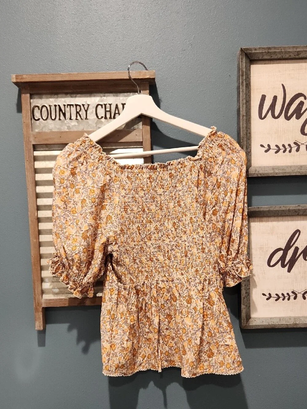 Old Navy Mustard Floral Smocked Off-Shoulder Puff Sleeve Blouse